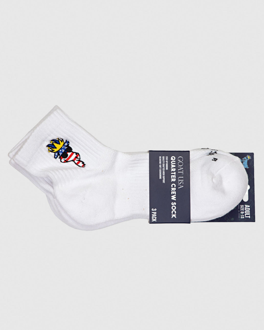 White ankle socks with American flag goat in packaging