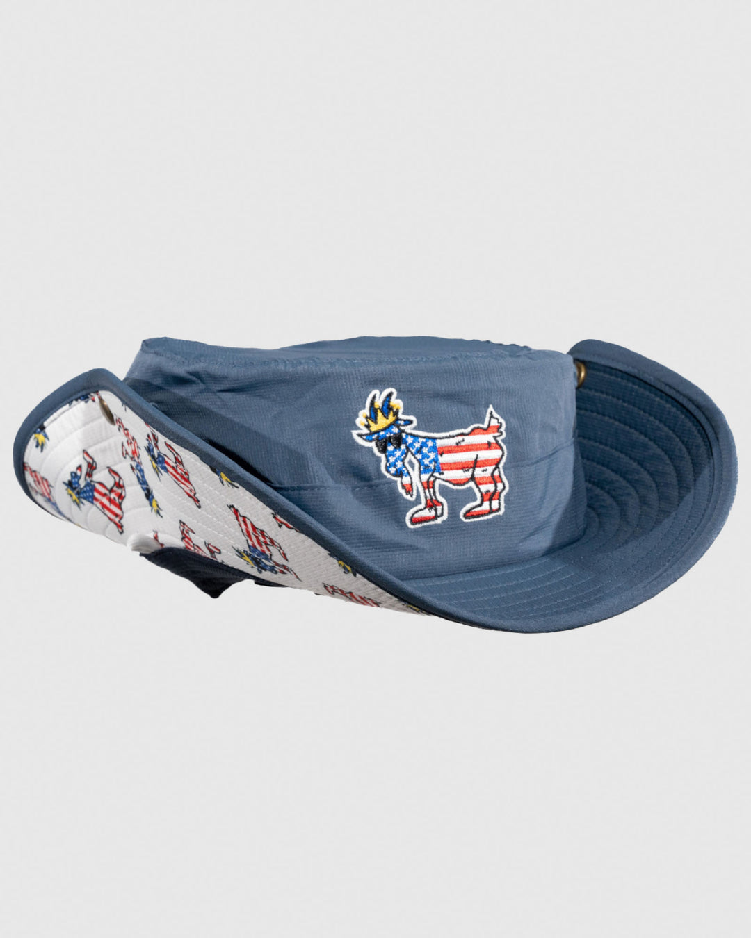 Side of navy Freedom Bucket Hat with flaps up#color_navy