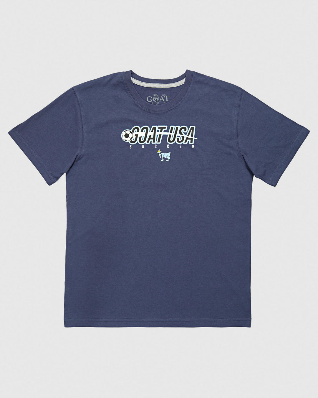 Navy shirt with soccer ball that goes through the wording "GOAT USA"