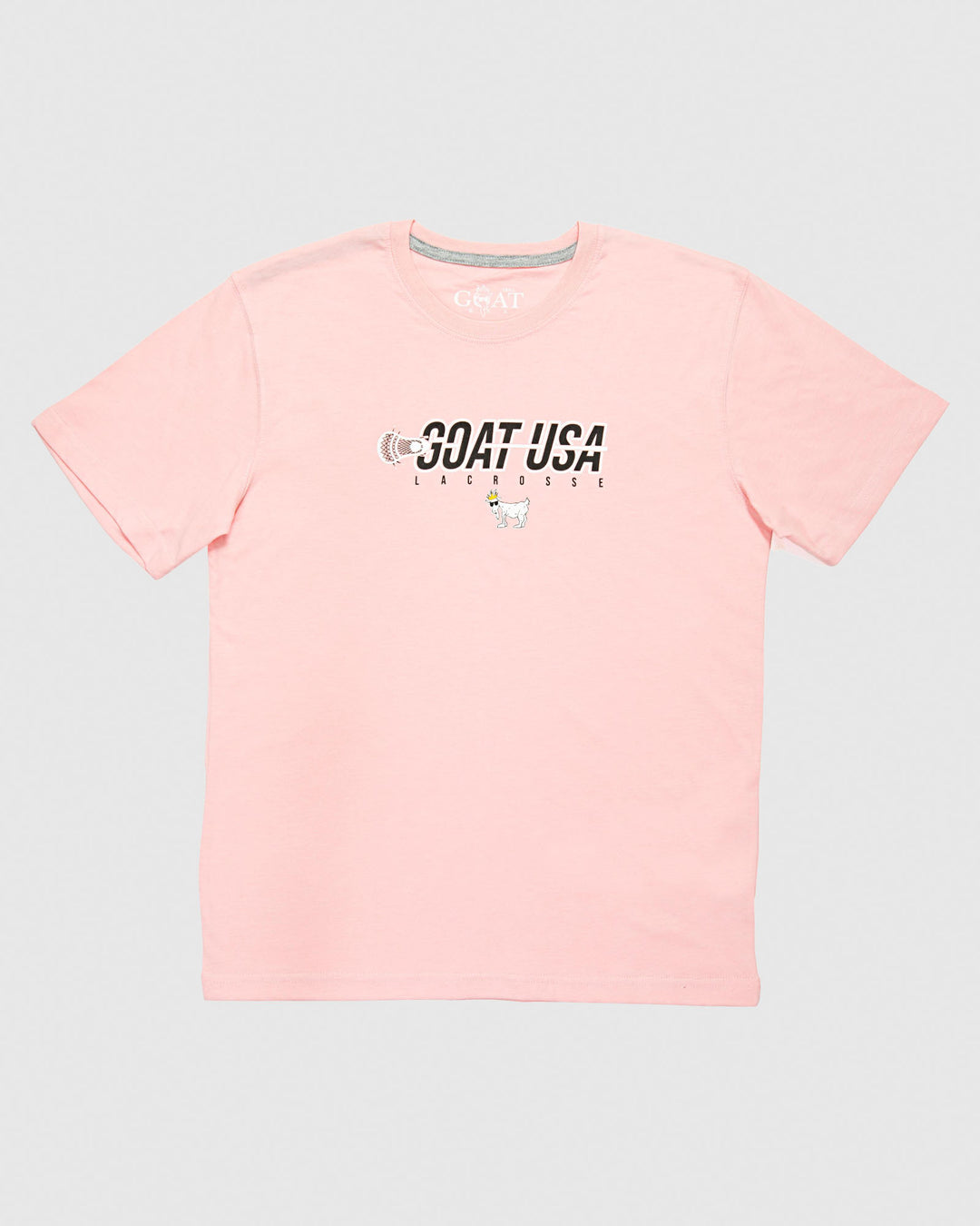 Pink shirt with lacrosse stick that goes through the wording "GOAT USA"#color_pink