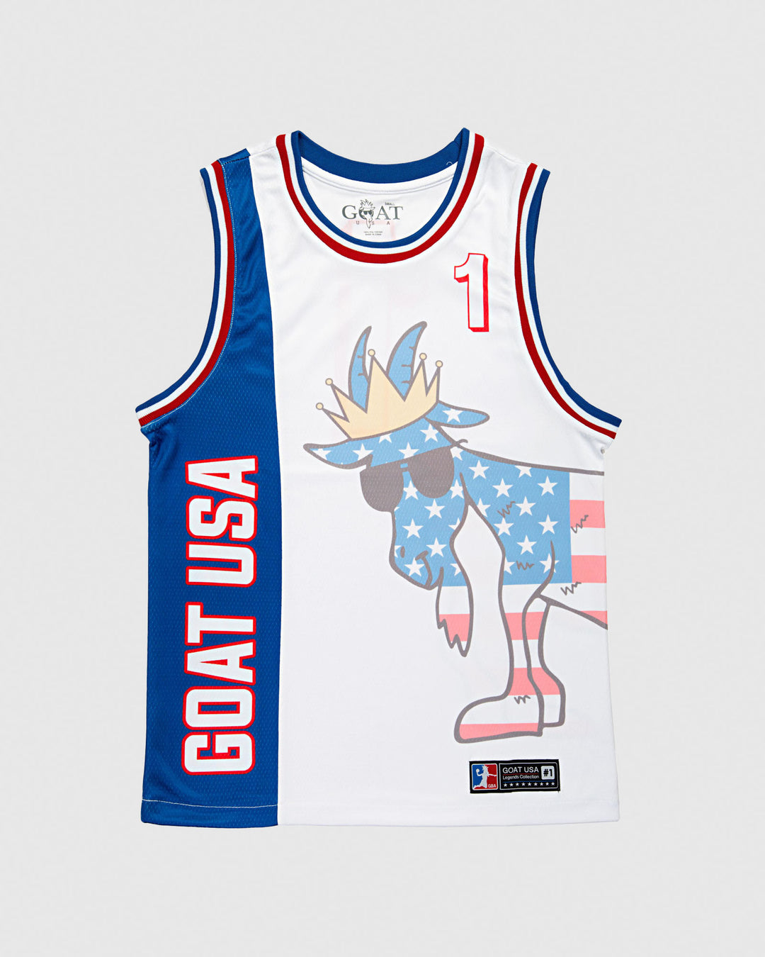 Red, white and blue jersey with large American flag goat that wraps around