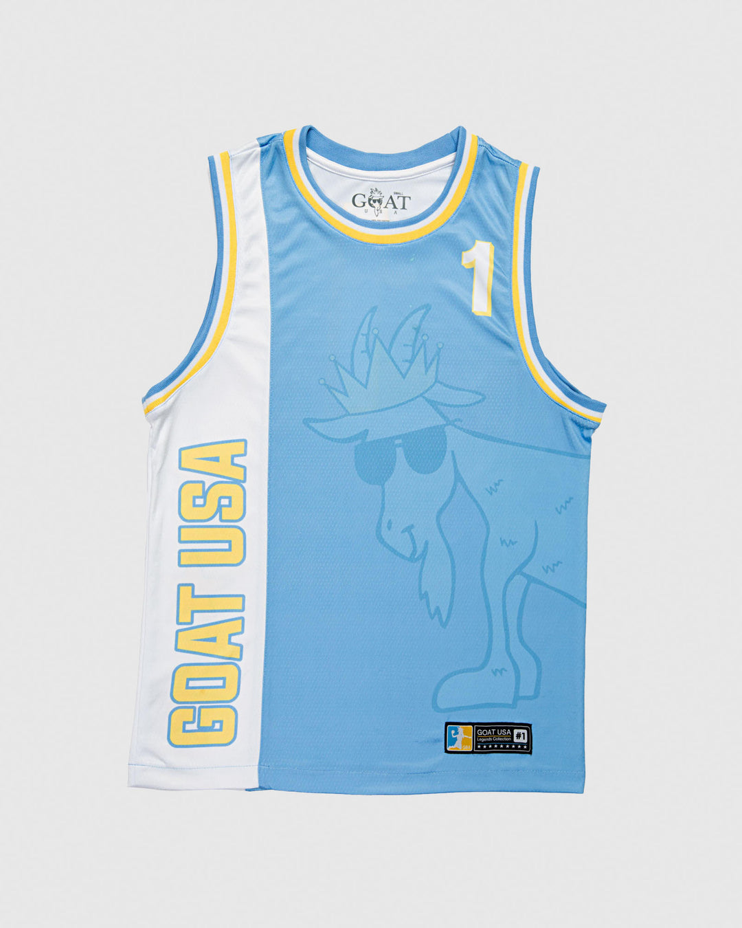 Carolina blue, white and gold jersey with goat design that wraps around