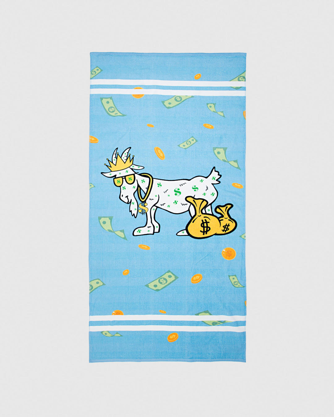 Carolina blue beach towel featuring money goat surrounded by cash