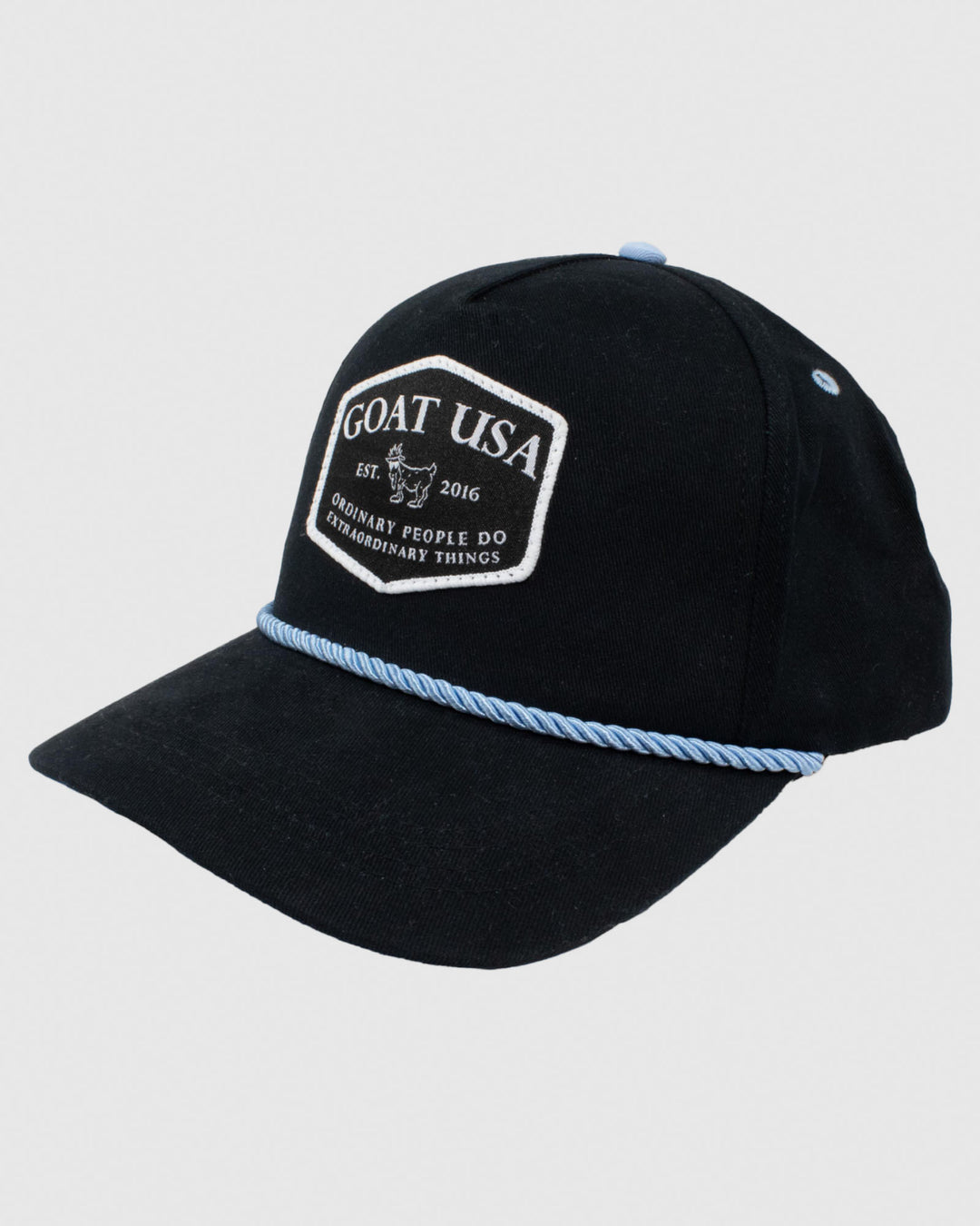 Black snapback with blue rope and embroidered patch#color_black