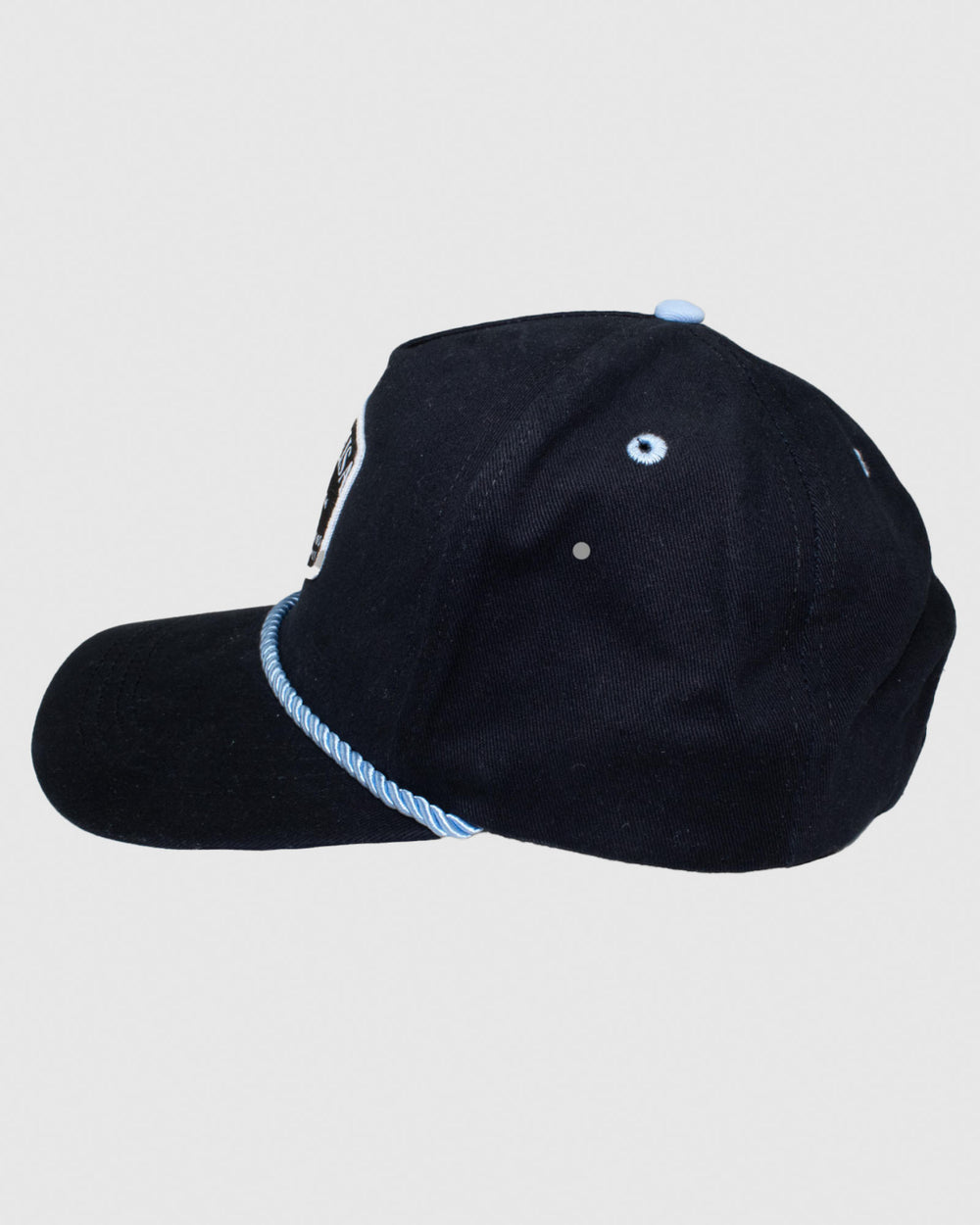 Side view of black snapback with blue rope and embroidered patch#color_black