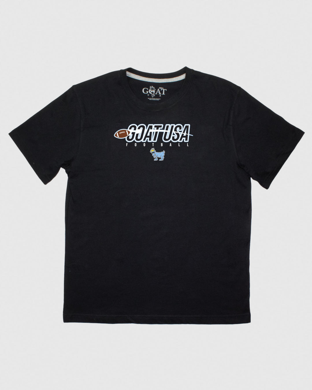 Black shirt with football that goes through the wording "GOAT USA"