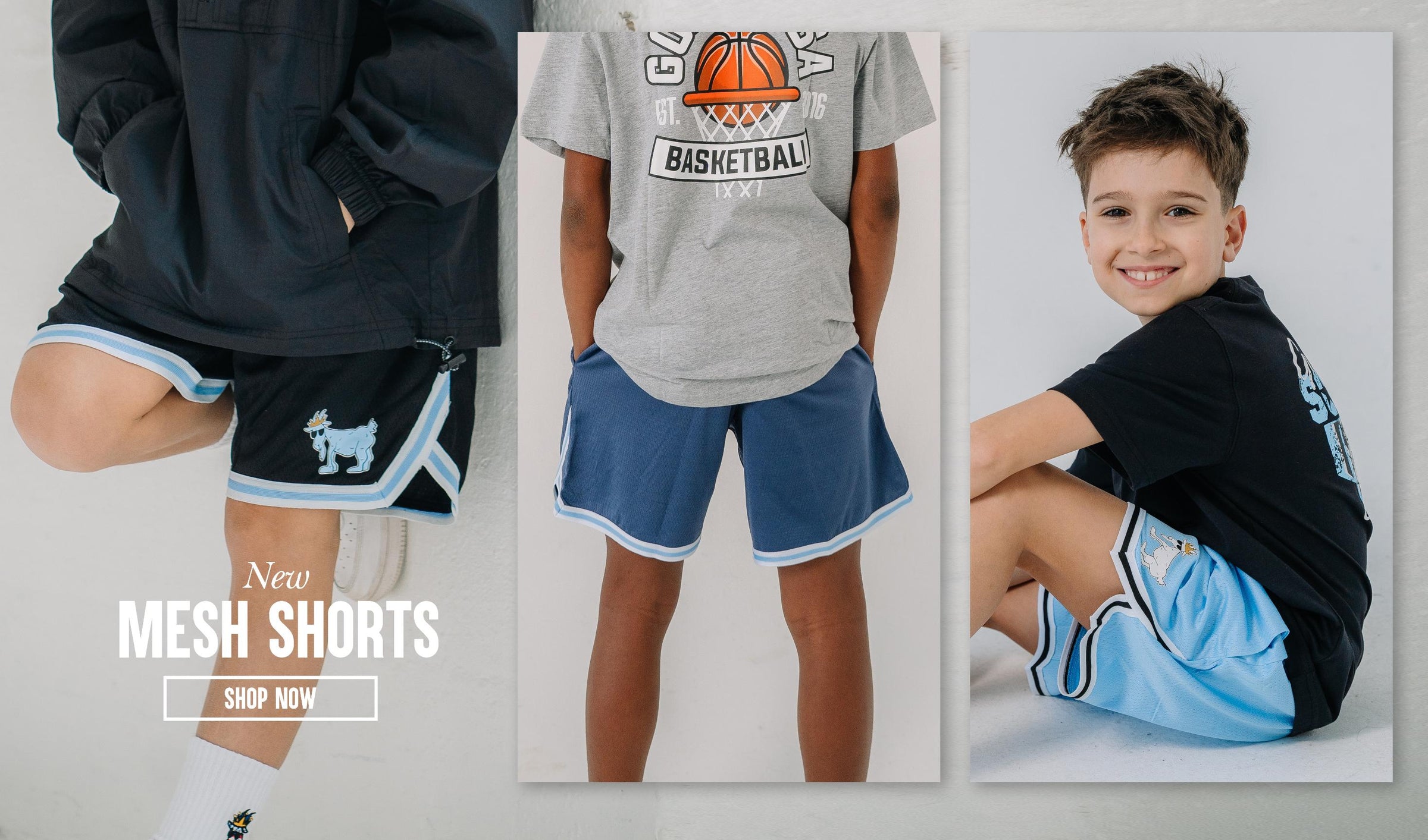 Various images of boys in shorts with text that reads "New Mesh Shorts Shop Now"