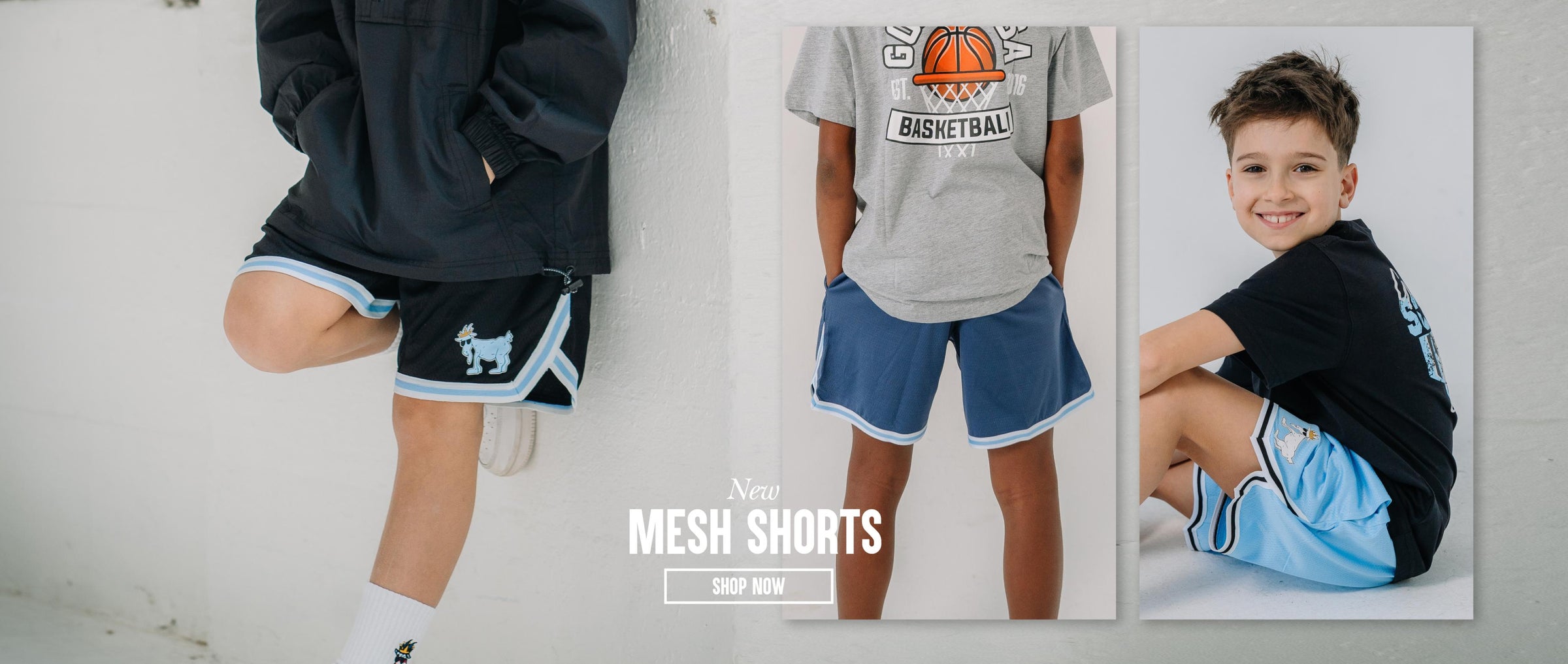 Various images of boys in shorts with text that reads "New Mesh Shorts Shop Now"