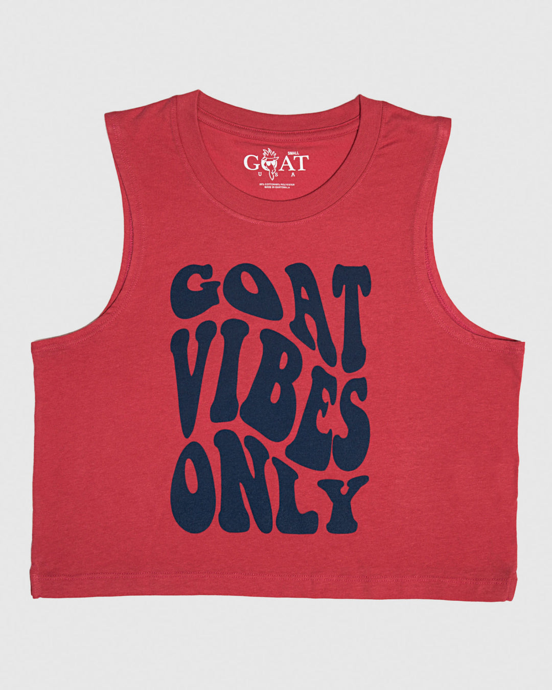 Red tank top with blue text that reads "GOAT VIBES ONLY"#color_sedona-red