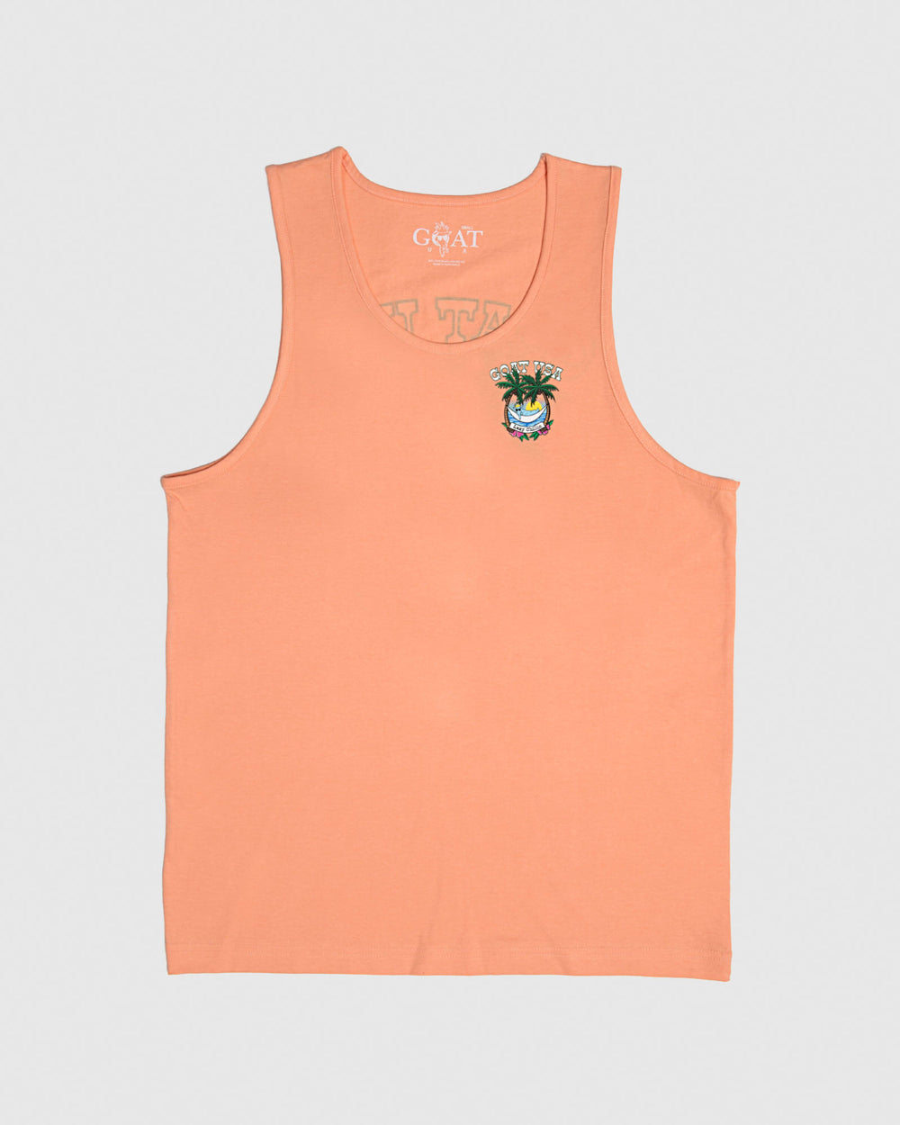 Frontside of peach cream tank top with palm tree sunset design