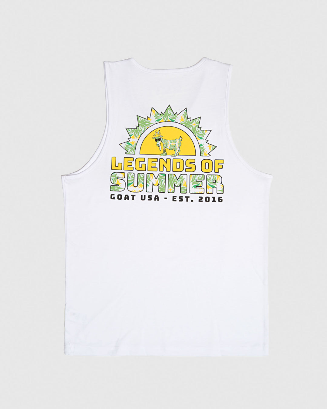 White tank top with yellow/green floral design that reads "Legends of Summer"