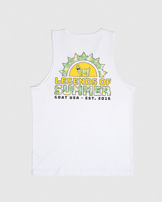 White tank top with yellow/green floral design that reads "Legends of Summer"
