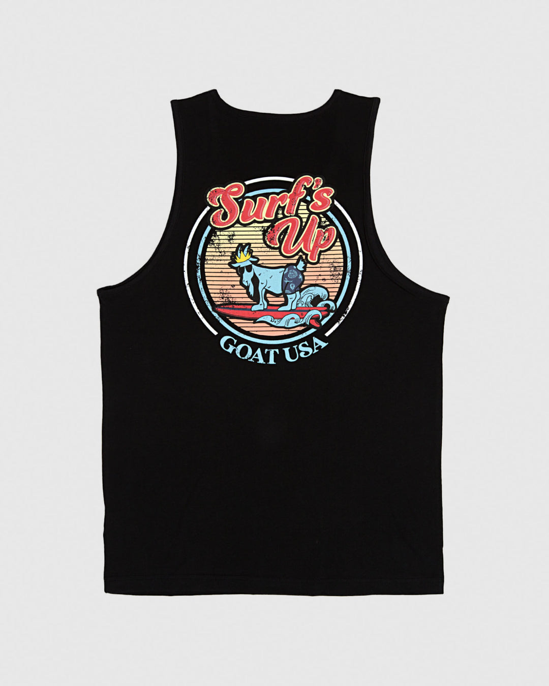 Black tank top with surfing goat design