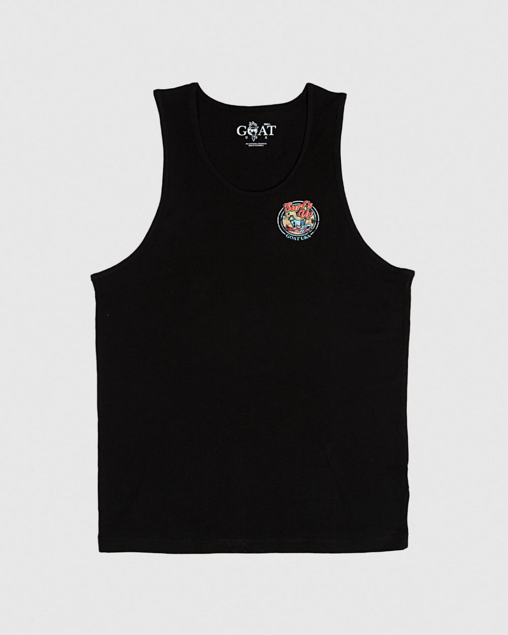Frontside of black tank top with surfing goat design