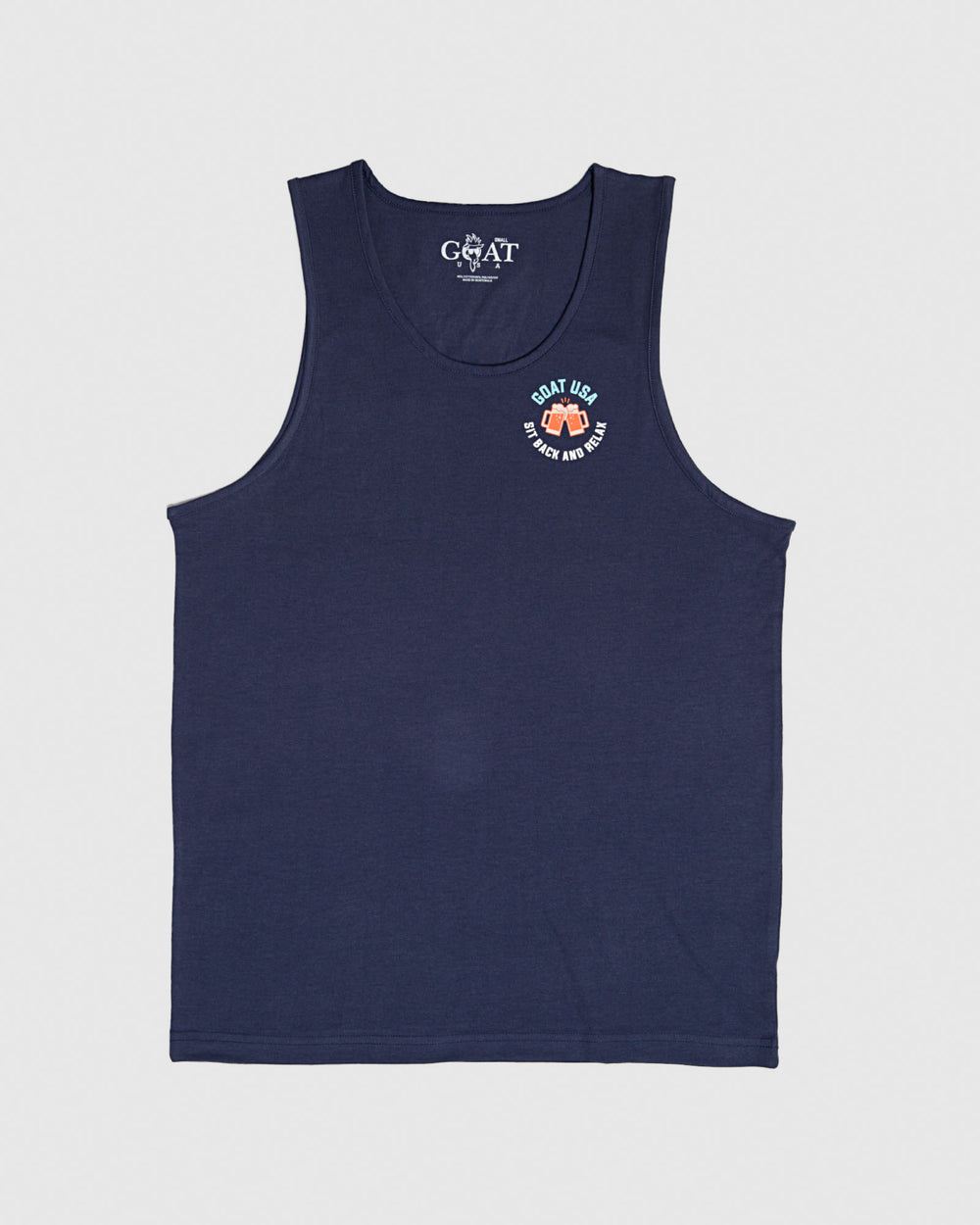 Frontside of navy tank top with two mugs toasting