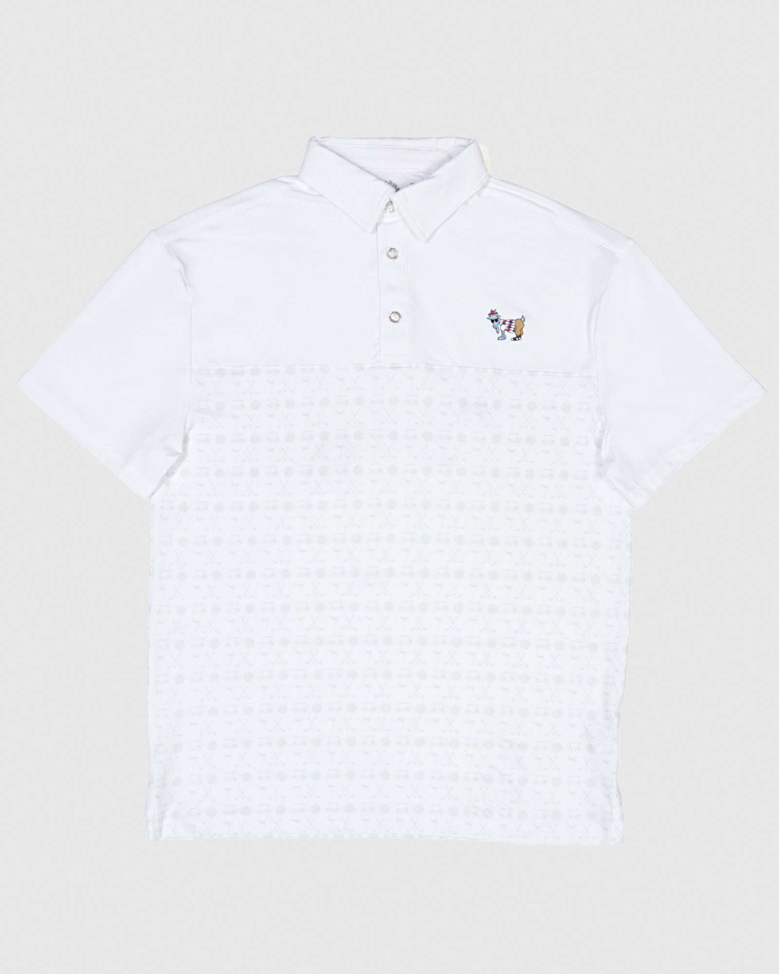 White polo with subtle gray golf design and golf goat