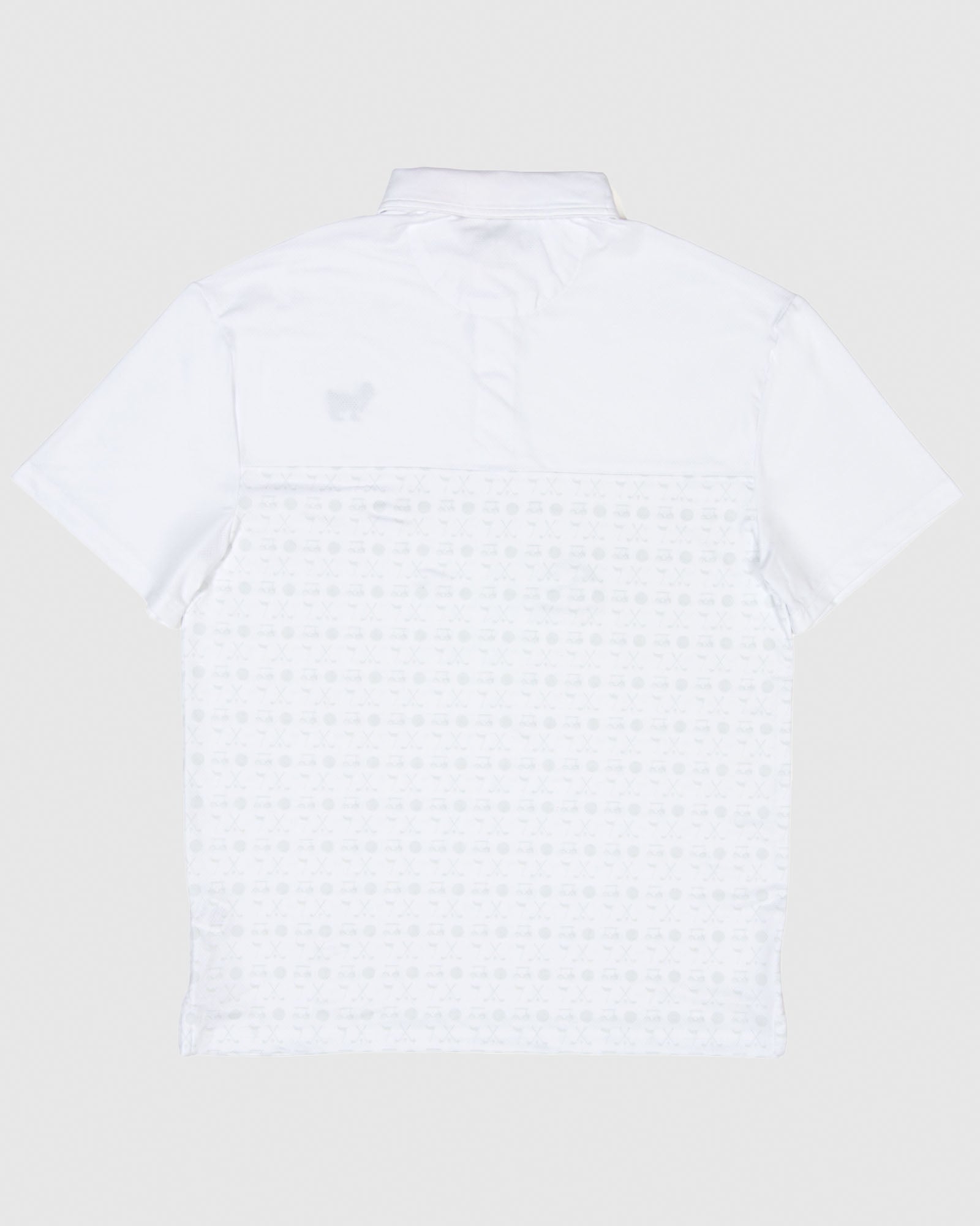 Back of white polo with subtle gray design