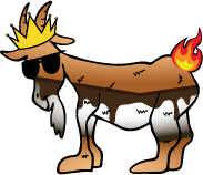 Cartoon goat with a golden crown and flames on its body