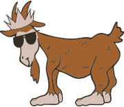 A cartoon-style brown goat wearing sunglasses and a small horned hat, shown on a plain white background.