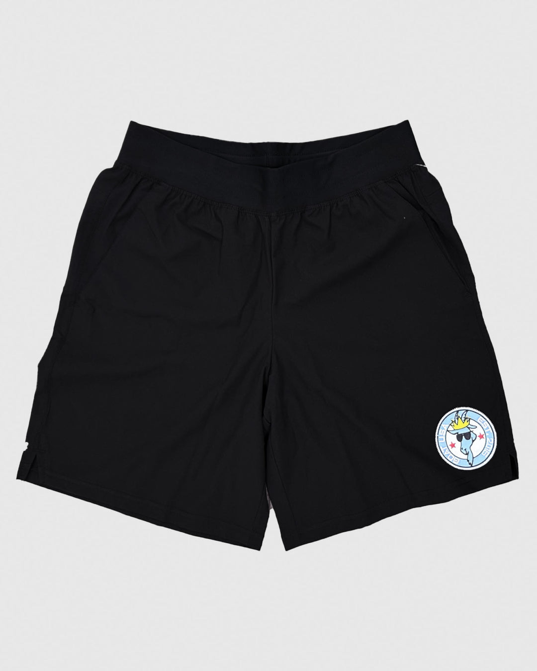 Black athletic shorts with goat patch