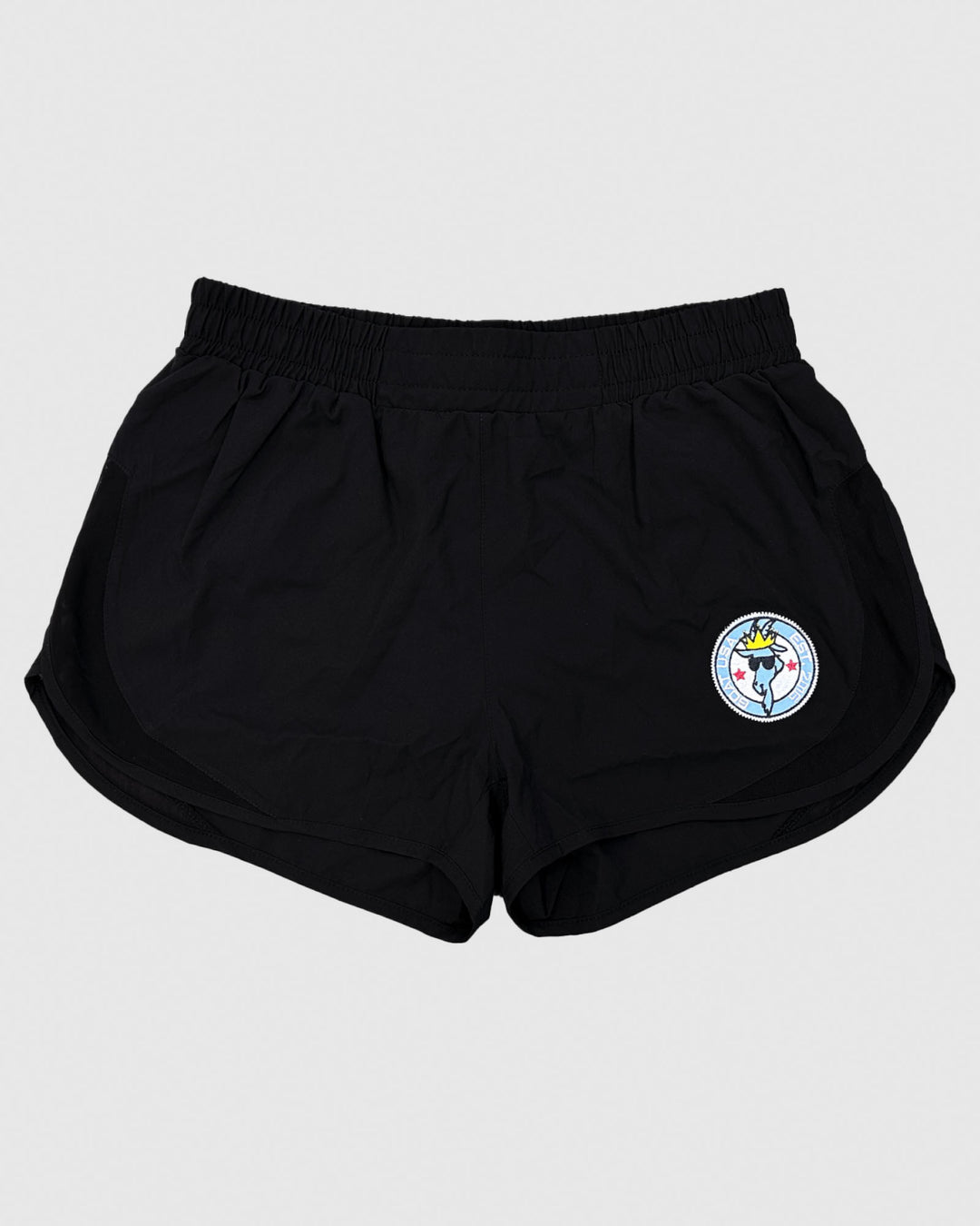Black women's athletic shorts with goat patch