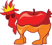 A cartoon goat-like character with a red apple for a body, wearing a yellow crown and dark sunglasses, isolated on a black background.