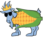 A cartoon goat wearing a yellow crown, black sunglasses, and a green leaf wrap around its body, with a large yellow corn cob across its torso, on a plain white background.