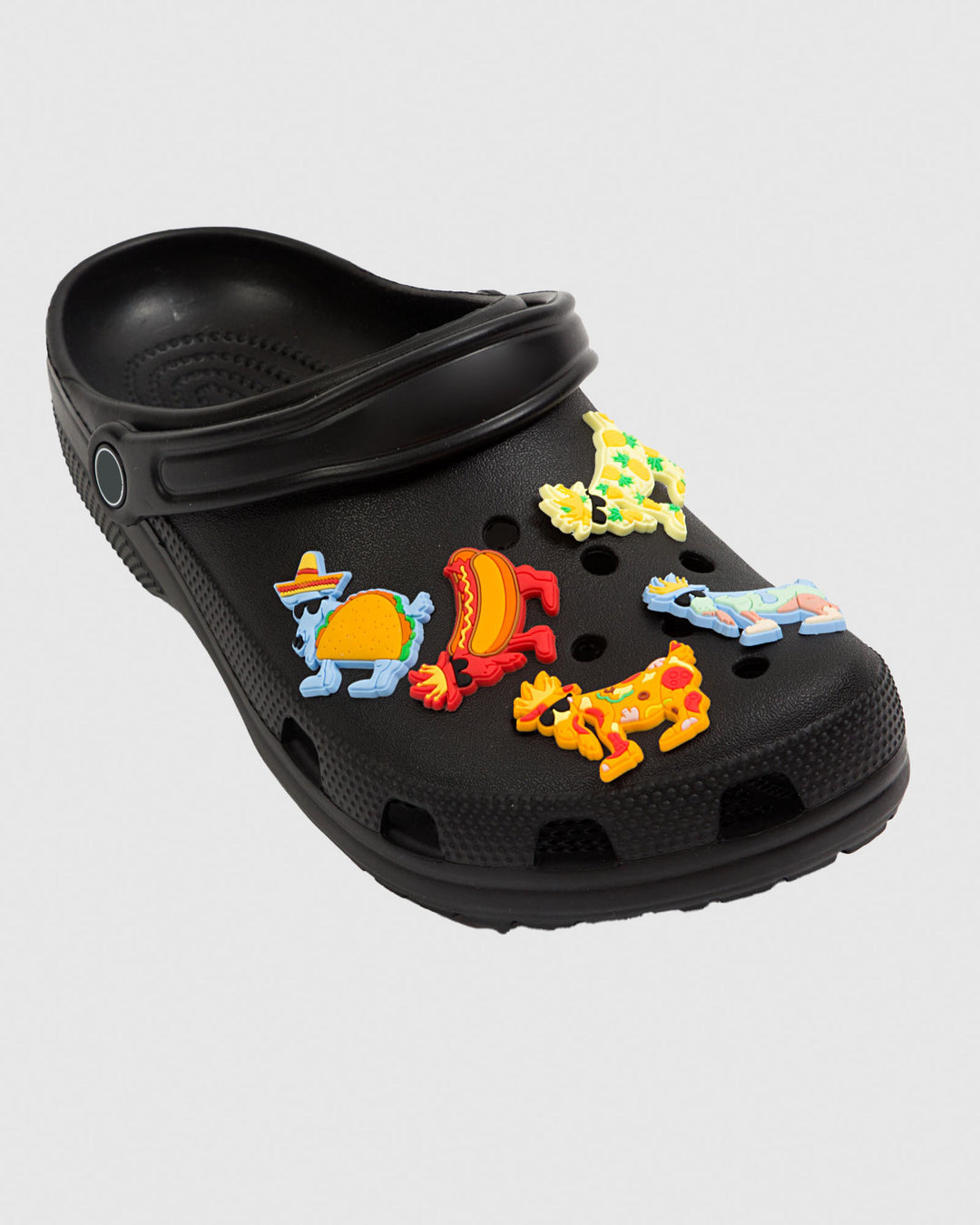Black clog with colorful food-inspired shoe charms#style_food