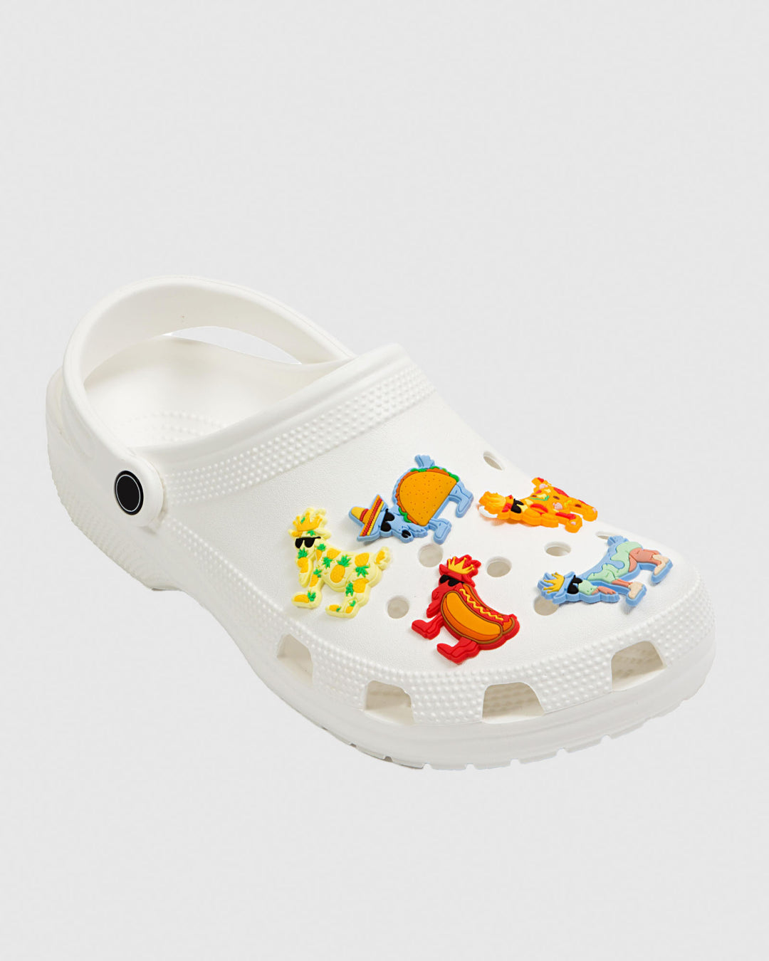 White clog with colorful food-inspired shoe charms#style_food