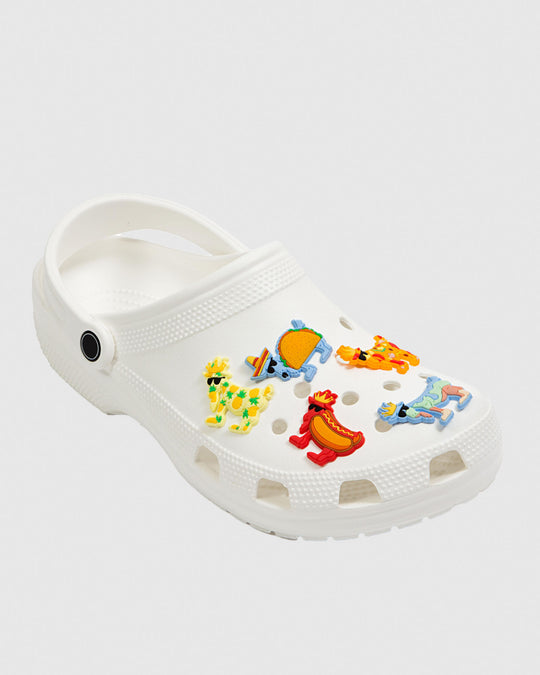 White clog with colorful food-inspired shoe charms#style_food