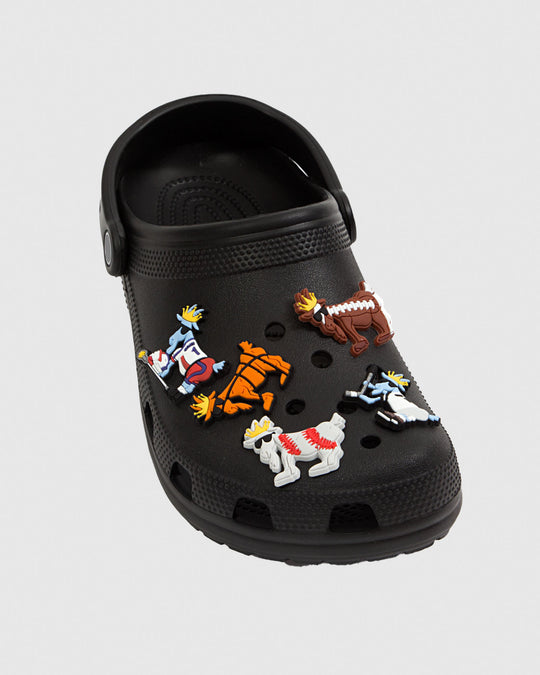 Black clog with sports-inspired shoe charms#style_sports