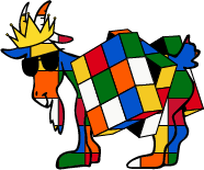 Colorful cartoon goat with a checkered pattern, sunglasses, and a bow tie on a white background.