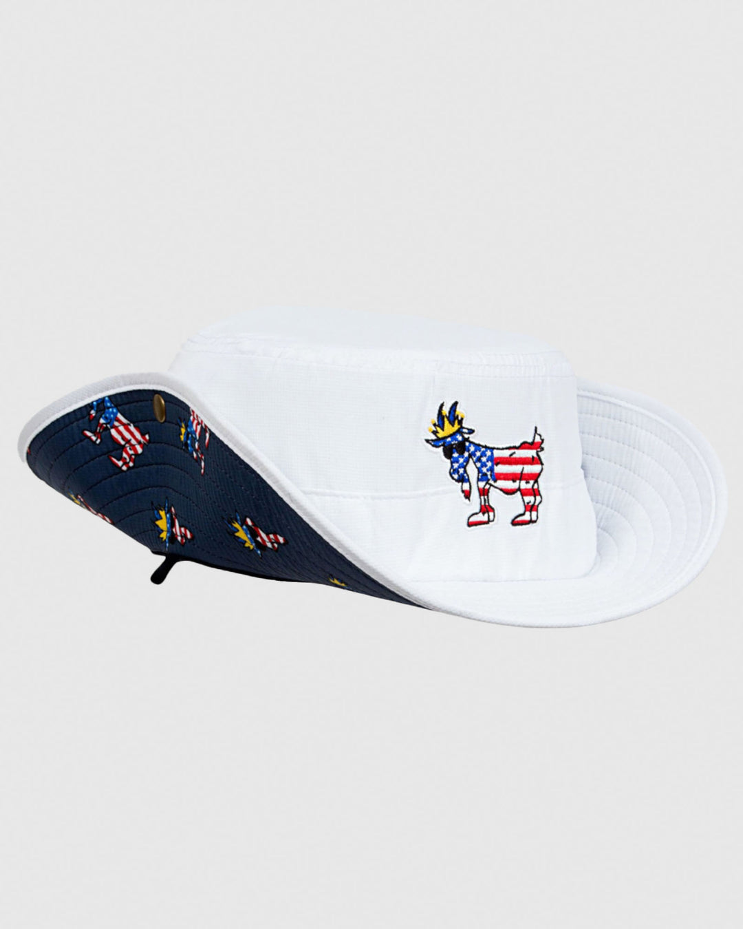 Side of white Freedom Bucket Hat with flaps up#color_white