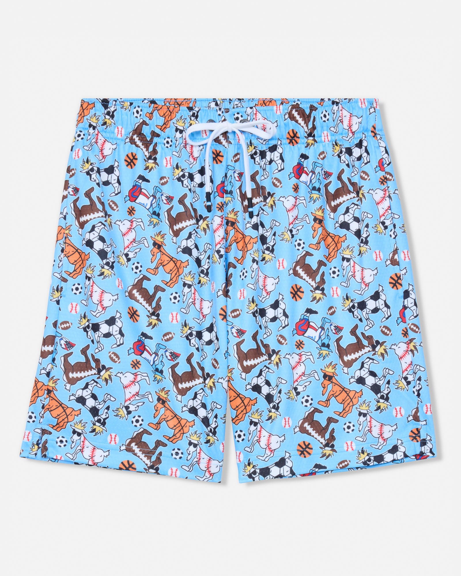 Blue shorts with animal sports pattern on a white background