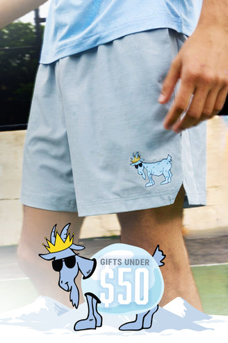 Gray shorts with a cartoon goat design worn by a person, with promotional text overlay.