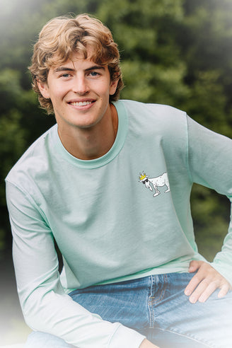 Person wearing a mint long sleeve with a goat graphic outdoors
