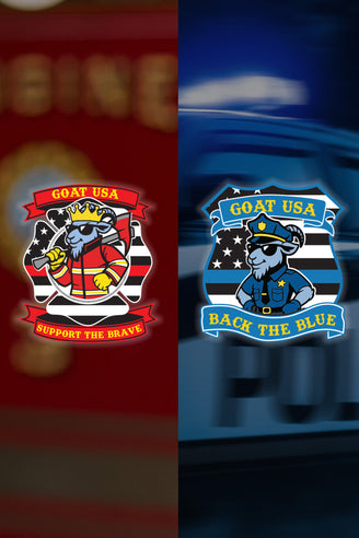 Two graphic designs shown side by side: on the left, a red-themed emblem with a goat in a police uniform and the text 'GOAT USA SUPPORT THE BRAVE'; on the right, a blue-themed emblem with the same goat in a police uniform and the text 'GOAT USA BACK THE BLUE'.