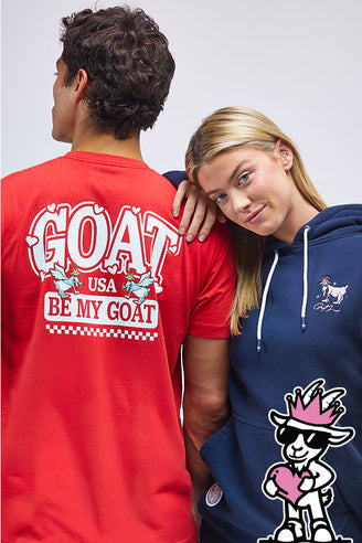 People wearing tops with graphic designs on a plain background