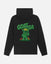A black pullover hoodie shown from the back, featuring a large green graphic of a cartoon character wearing a gold crown and the word 'GOAT USA' in bold green letters above it.