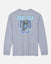 A heather gray long-sleeve t-shirt with a blue and white graphic on the front featuring a cartoon goat mascot in front of a hockey goal, with the text 'GOAT USA' and 'KING OF THE RINK'.