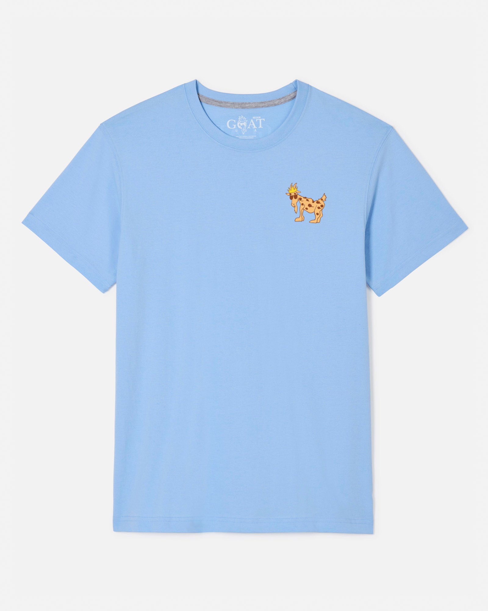 A light blue short-sleeve crewneck t-shirt with a small embroidered brown goat on the left chest, displayed on a clean off-white background.
