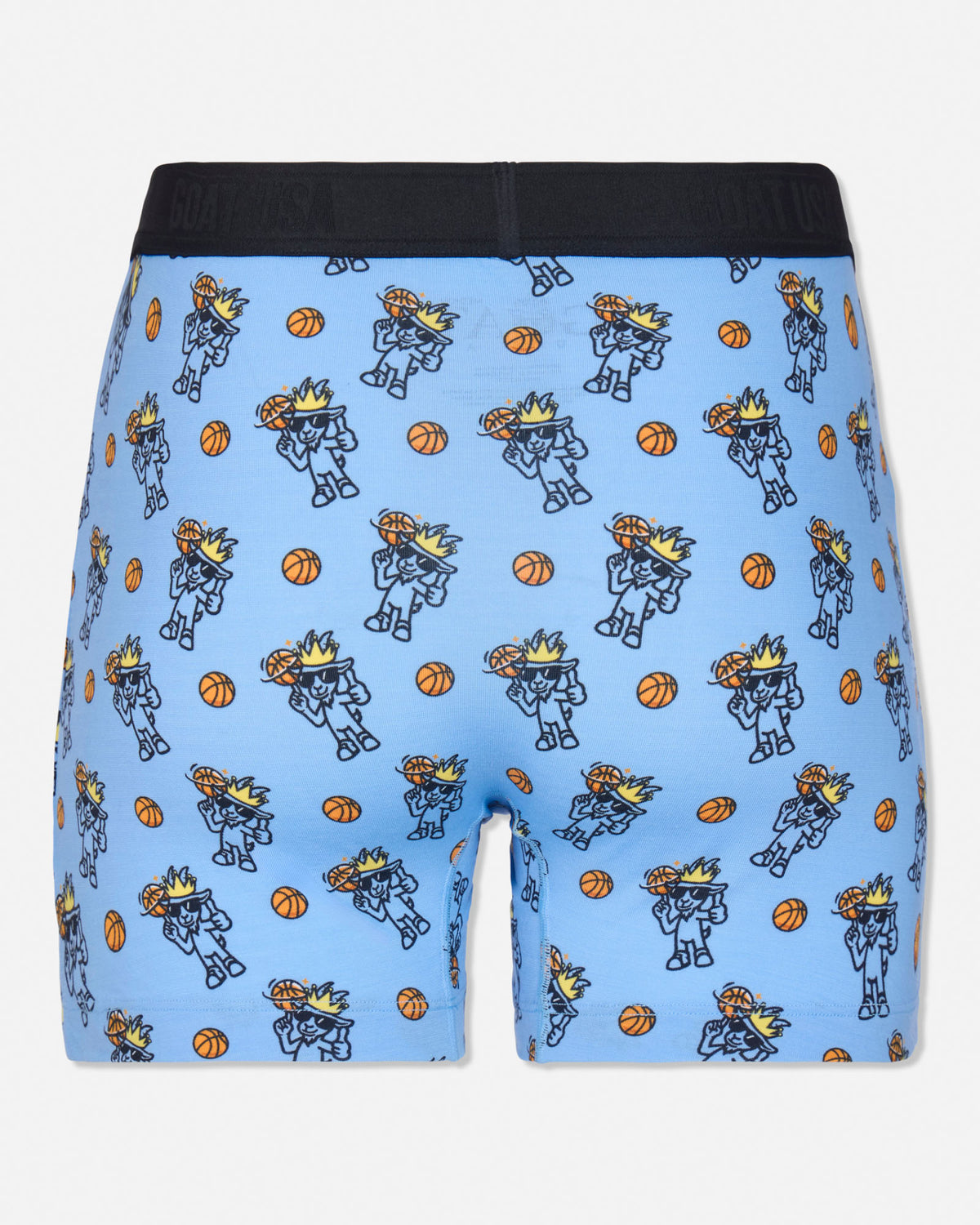 Light blue boxer briefs with an all-over cartoon basketball-themed print featuring blue-and-white characters, orange basketballs, and a black waistband.