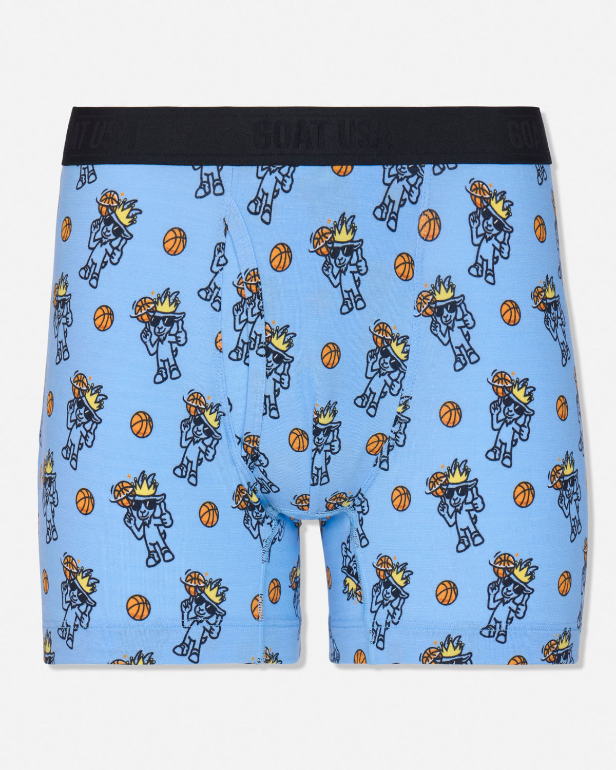 Light blue boxer briefs with an all-over cartoon print of basketball players and orange basketballs, featuring a black elastic waistband with white branding.