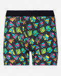 Men's boxer briefs featuring a vibrant, multicolored abstract geometric print on a black base, with a solid black elastic waistband. The print contains bright pink, yellow, green, and blue shapes.