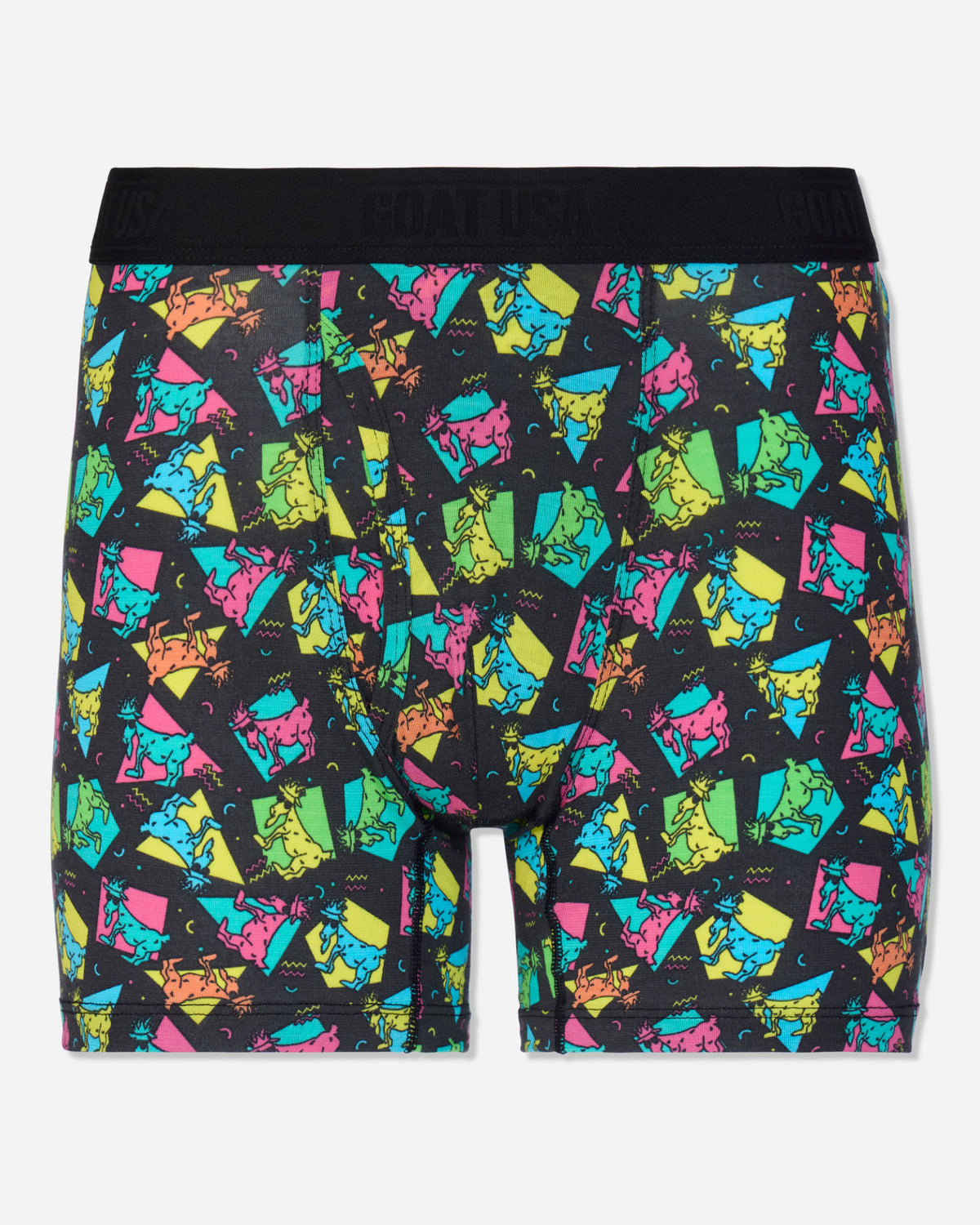 Men's boxer briefs featuring a vibrant, multicolored abstract geometric print on a black base, with a solid black elastic waistband. The print contains bright pink, yellow, green, and blue shapes.