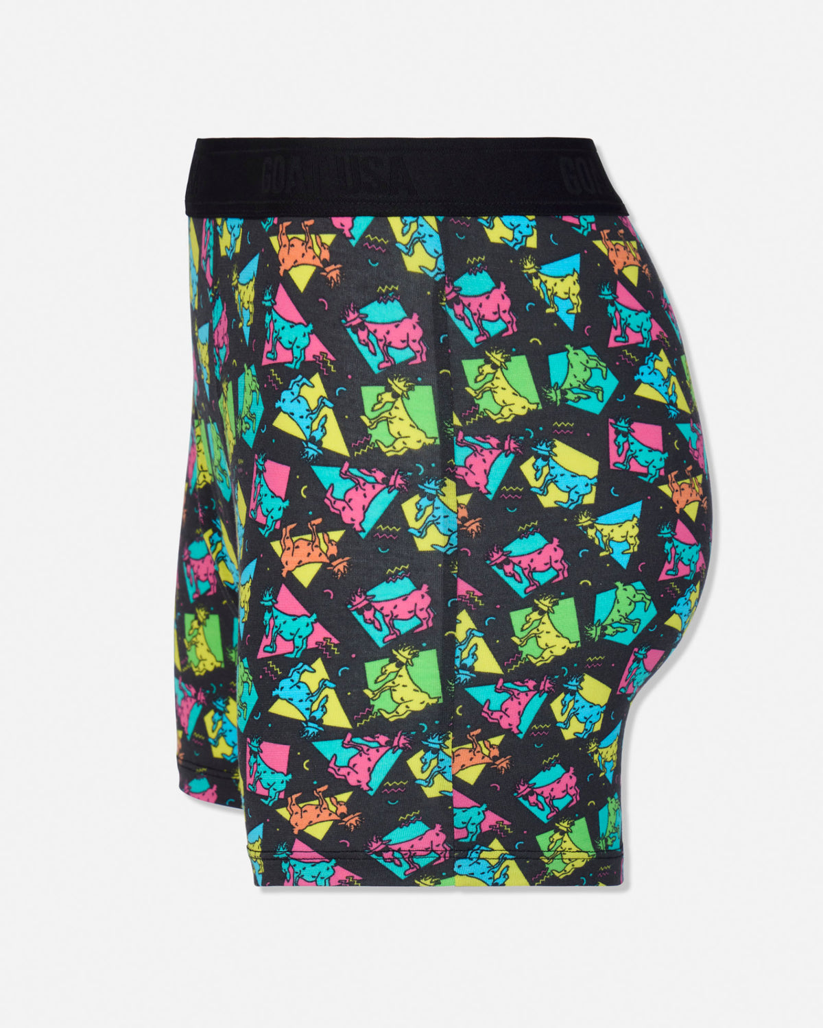 A pair of boxer briefs featuring a vibrant, multicolored geometric pattern of stylized cartoon goats on a black background, with a solid black waistband.