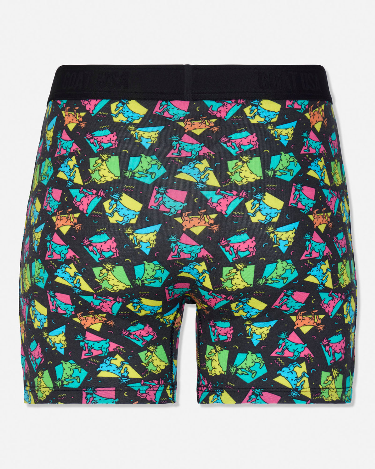 A pair of boxer briefs featuring a vibrant, multicolored geometric pattern on a black base, with a solid black elastic waistband. The pattern contains bright neon-like shapes in pink, yellow, green, and blue.
