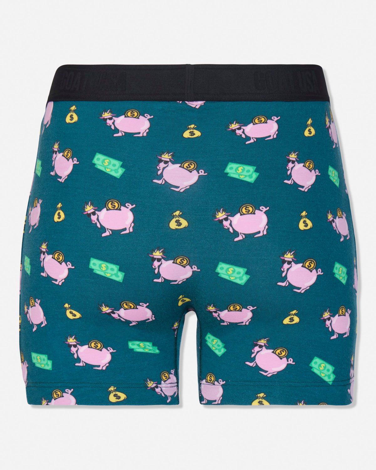 A pair of men's boxer briefs featuring a dark teal background with an all-over cartoon print of pink pigs wearing gold hats and collars, accompanied by green dollar bills and yellow money bags. The waistband is solid black.