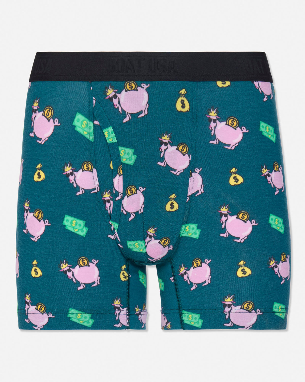 A pair of men's boxer briefs by GOAT USA, featuring a teal green background with a repeating pattern of pink pigs wearing gold crowns and holding yellow money bags, along with green dollar bill graphics. The waistband is solid black.