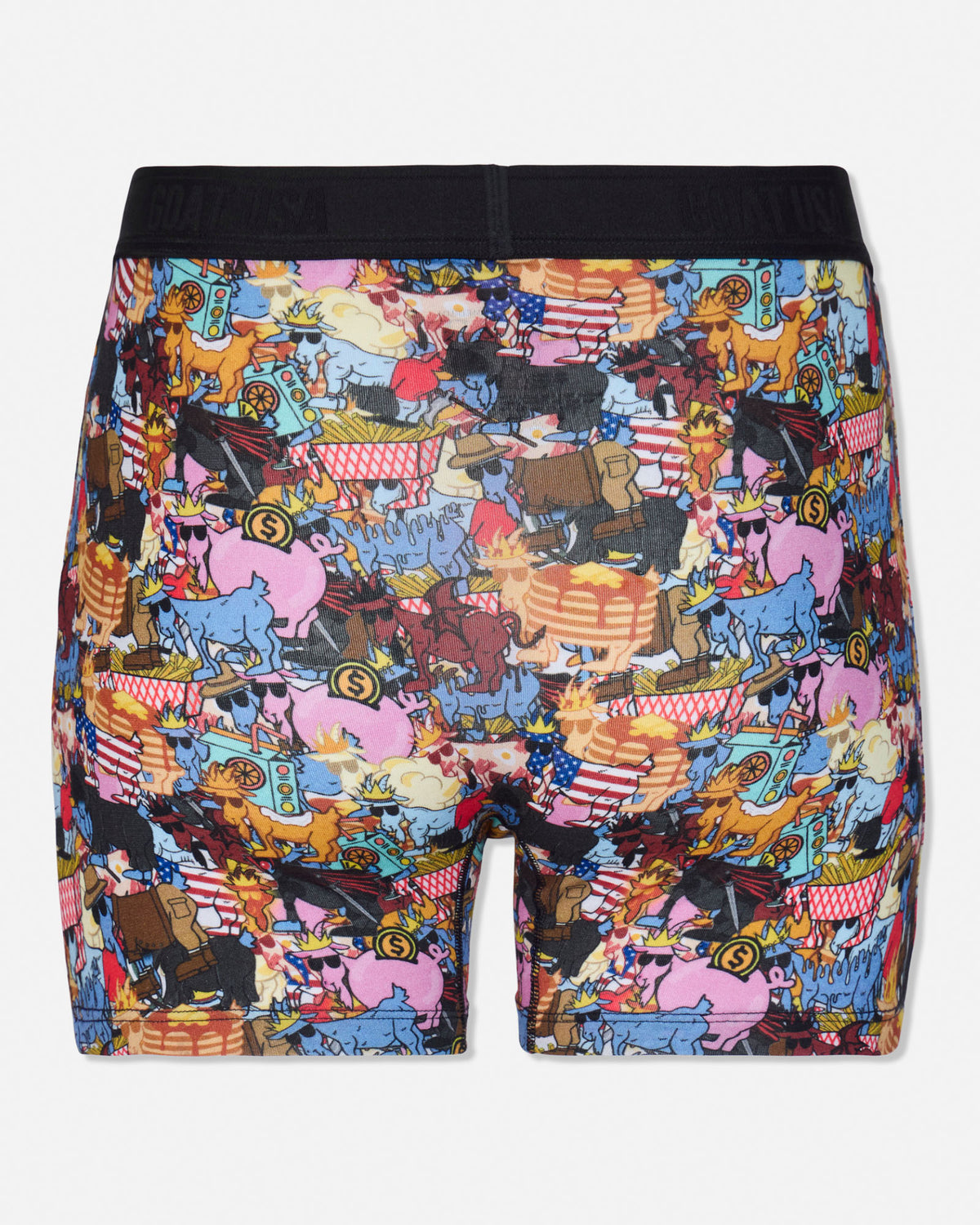 Boxer briefs featuring a dense, colorful cartoon circus print with various animals and elements, finished with a solid black waistband.